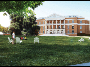 Preservationists recommended the site of Chandler Hall for the new Campus Center, architectural rendering pictured here, on Ball Circle. Chandler was razed last summer.