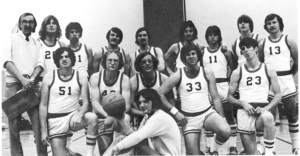 The men’s basketball team as pictured in the 1976 Battlefield. Coach Marshall Bowen stands at far left near Emmett Snead (51). At right, Keith Littlefield stands between Glenn Markwith (11) and Gary Danley (13).