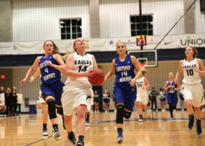 No. 14 Megan Green '16 goes for a shot against Christopher Newport with backing from No. 10 McKenzie Jenkins '19.