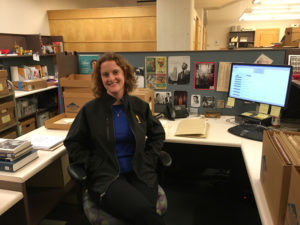 Archivist Clare Denk at her desk at the Academy of Motion Picture Arts and Sciences. (Photo by Marisa Duron)
