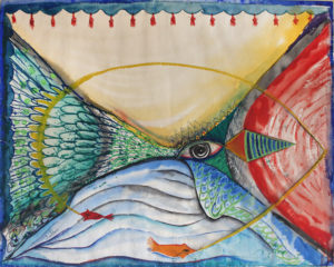 Margaret Sutton’s Untitled (stage with eye, fish), watercolor on paper, c. 1940, 30 x 48 inches, is part of the student-curated exhibition.