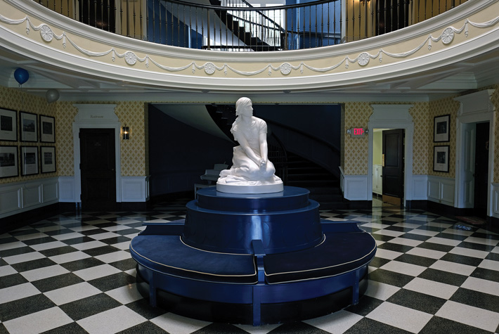 The statue of Joan of Arc in the foyer of Ball Hall
