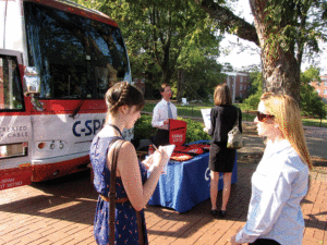 C-SPAN returned to campus to film UMW experts for its Fredericksburg Weekend in September. Last year, the C-SPAN Campaign 2012 bus (above) visited Ball Circle to film and teach students about political campaigns. Photo provided by C-SPAN.