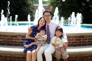 Flora and Akiyuki Takoshima were studying abroad at UMW when they met. They returned to campus last summer with their daughters, baby Yua and Yuki.  SieckPhotography.com