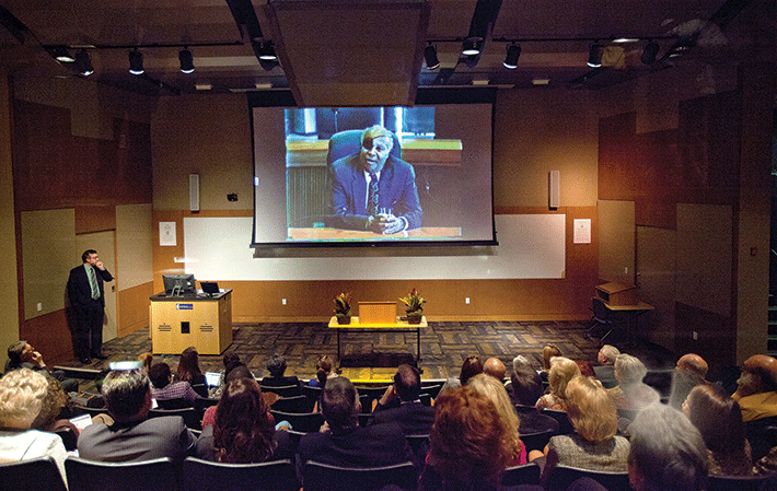 During the November dedication of the James Farmer Lecture Hall, the professor’s voice rolled again through the classroom where he once taught. Farmer’s Mary Washington lectures are part of a video archive compiled by history students. Photo by Norm Shafer. 