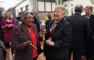 Fredericksburg civil rights and community leader Marguerite Young chats with Orrock after the dedication of the James Farmer Lecture Hall in November. Orrock wears the UMW Monroe medal given to her for lasting service to humanity. Photo by Norm Shafer.