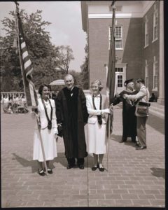 Virginia Gov. John Battle visited campus May 9, 1953. Do you know the identities of the flagbearers  pictured with him?