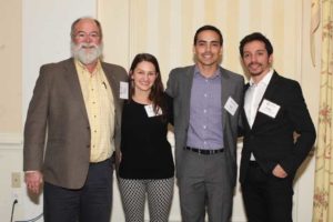 The Alumni Association hosted a reception for students completing their coursework in December. Pictured from left are Professor of Economics Steve Greenlaw, Jennifer Price, Pablo Castillo Vasquez ’18, and Felipe Oyarzun Moltedo.