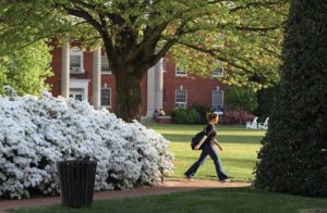 A student strolls on campus in springtime.